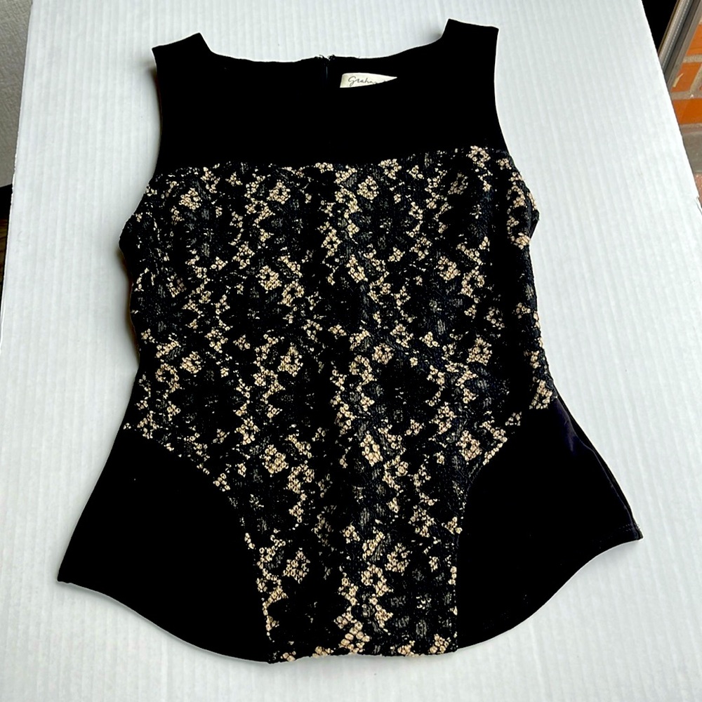 Graham and Spenser sleeveless black top with knit panel. Petite